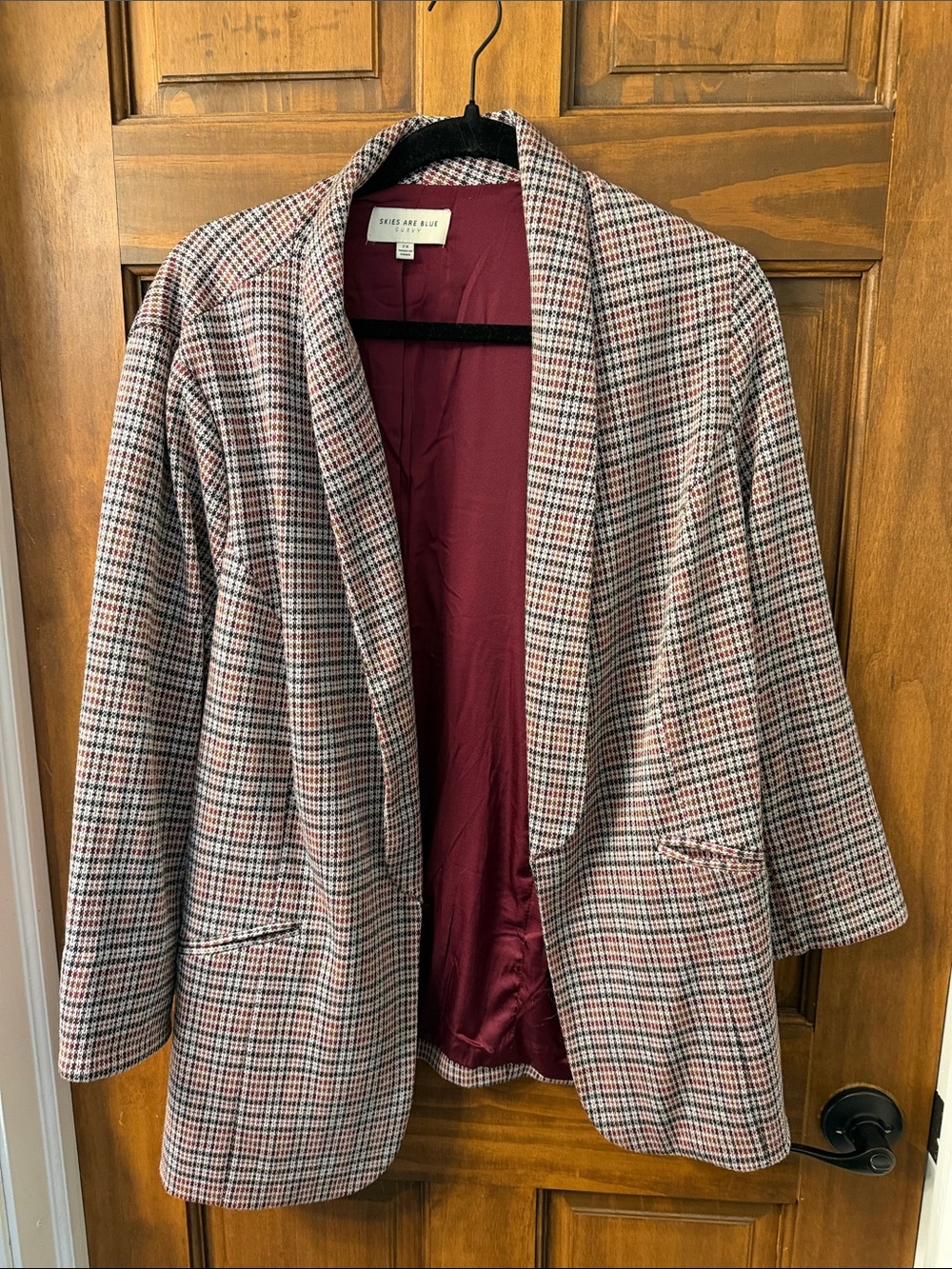 Skies Are Blue Plaid Open-Front Blazer in Gray and Burgundy